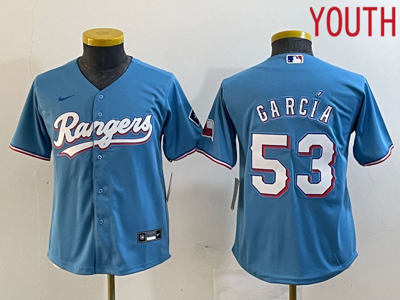 Youth Texas Rangers #53 Garcia Light Blue Game Nike 2023 MLB Jersey style 1
